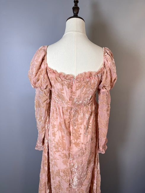 Blush Pink Regency Era Dress with Puff Sleeves and Floral Embroidery - Blush Pink Regency Era Dress Plus Size